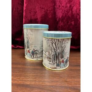 Vintage Christmas Nesting Tin Canister Set Old New England Winter Taiwan R.O.C.